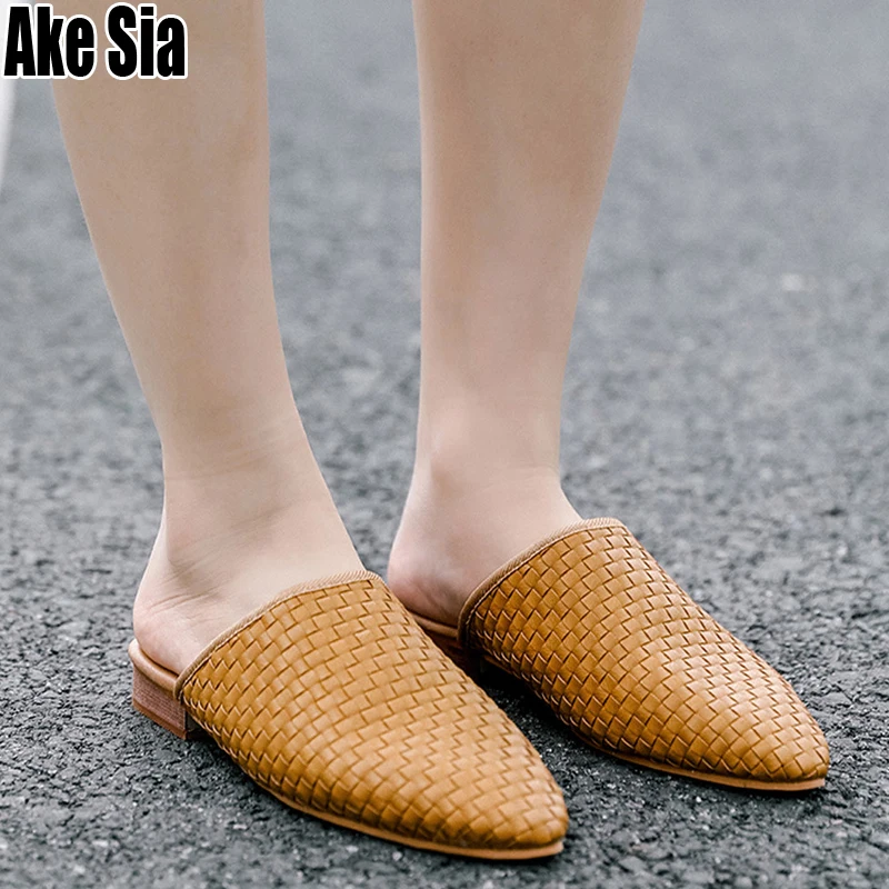 Модные женские летние плетеные шлепанцы с острым носком на низком каблуке Mujer