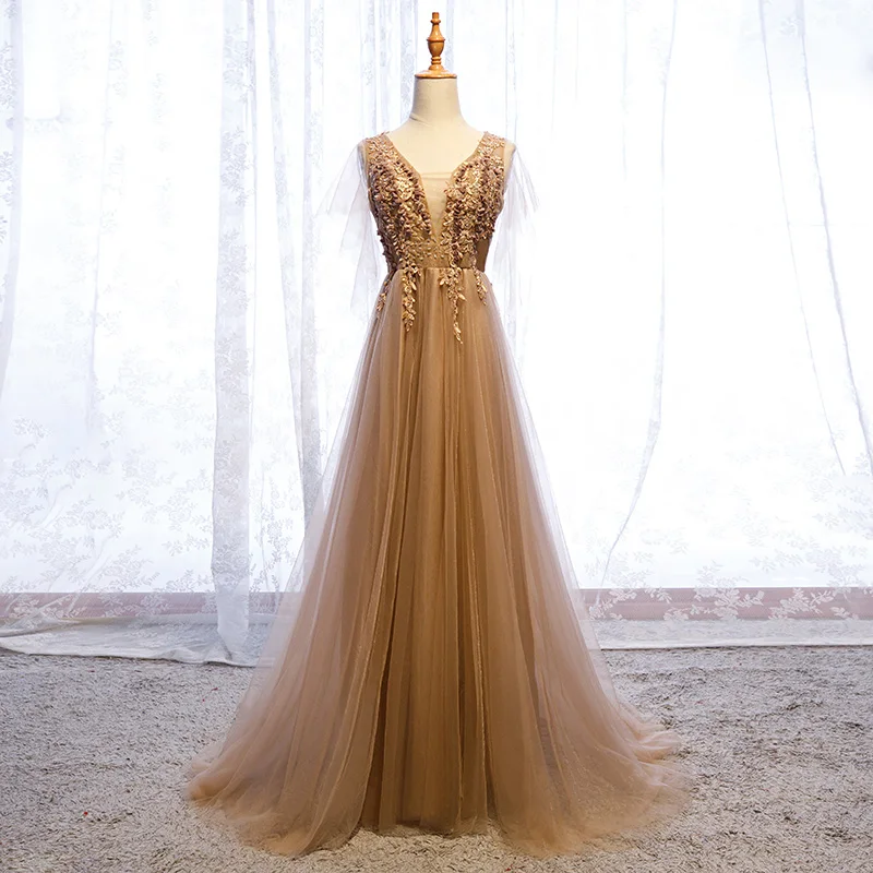 SSYfashion/темно-желтое вечернее платье из тюля с v-образным вырезом и расклешенными рукавами со шнуровкой сзади и длиной до пола, вечернее платье для женщин, элегантное вечернее платье