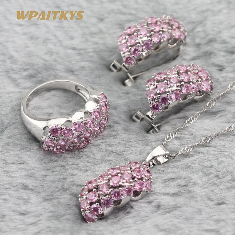 Рождественские серебряные Ювелирные наборы для женщин розовое ожерелье с