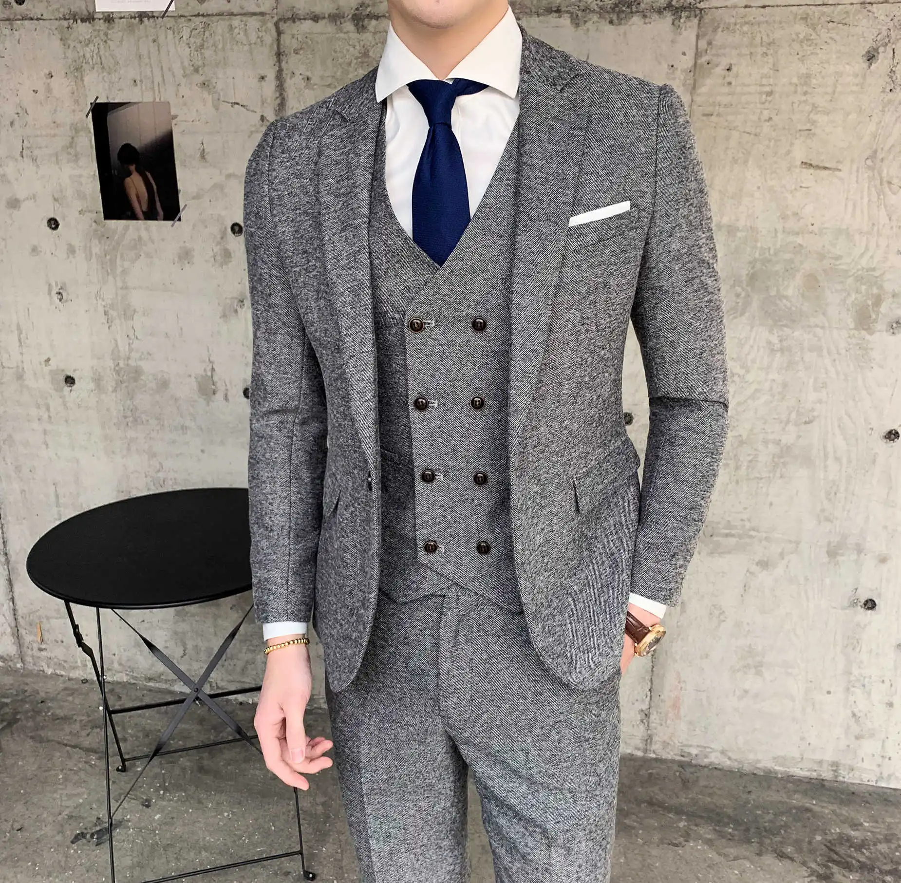 Gray 3-piece set Коричневый Дизайнерский Костюм с узором в елочку, мужские вечерние костюмы, смокинг, Свадебные Мужские костюмы для жениха, мужские костюмы, Para Fiesta 6xl - Цвет: Gray 3-piece set