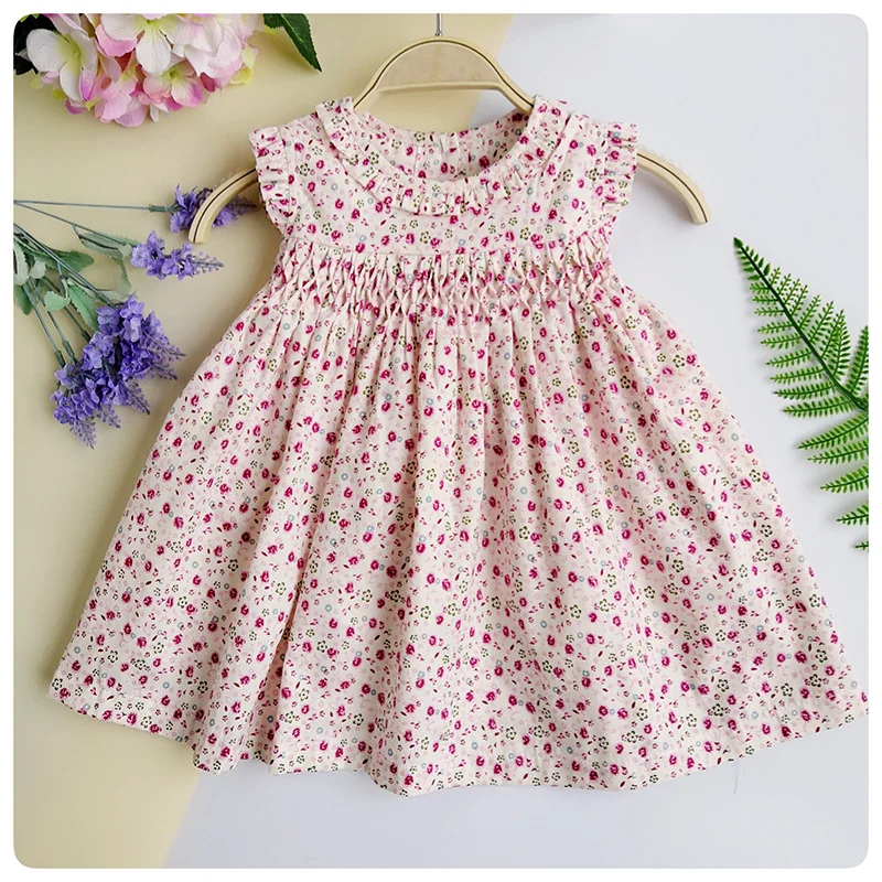 New Summer Kids Sleeveless England Handmade Smock Belt Bowknot Floral Printed Little Girls 9M-36M Princess Vest Dresses | Детская одежда