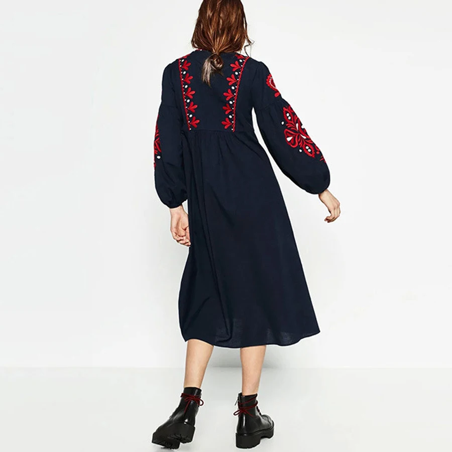 Длинные платья Boho 2017 этническое Цветочное платье с вышивкой v образным вырезом