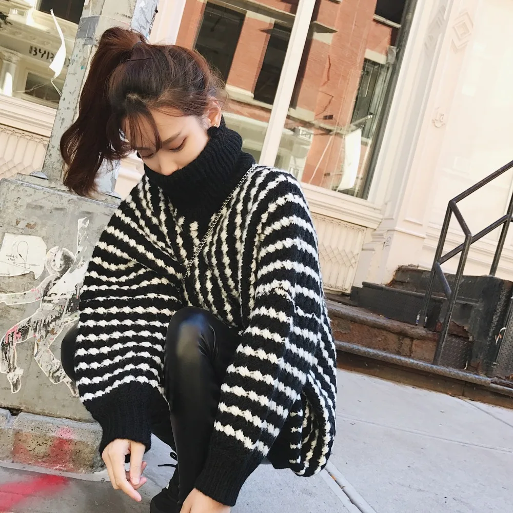 

Новинка Осень-зима 2018, Длинный свободный толстый свитер в черно-белую полоску для студентов, с высоким воротником