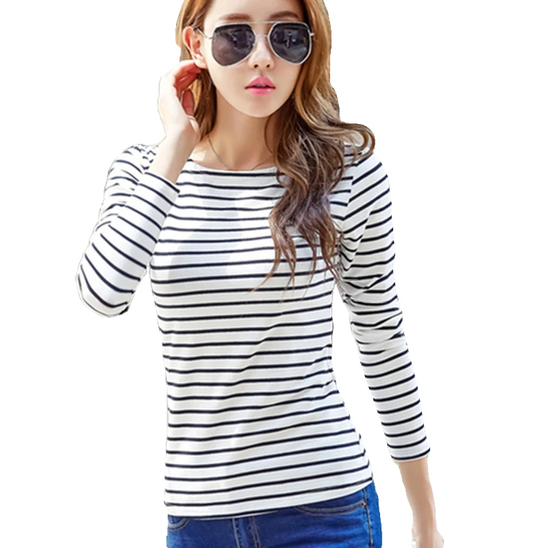

Хлопковая футболка Женская Полосатая футболка с длинными рукавами эластичные белые футболки женские топы Осень корейский стиль 2019 плюс ра...