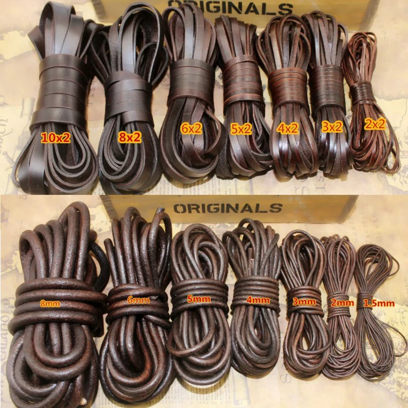 2M Retro Brown Real Genuine Leather Cord Round Flat Rope String For DIY Necklace Bracelet Jewelry Cord 1.5mm 2mm 3 4 5 6 8 10mm 