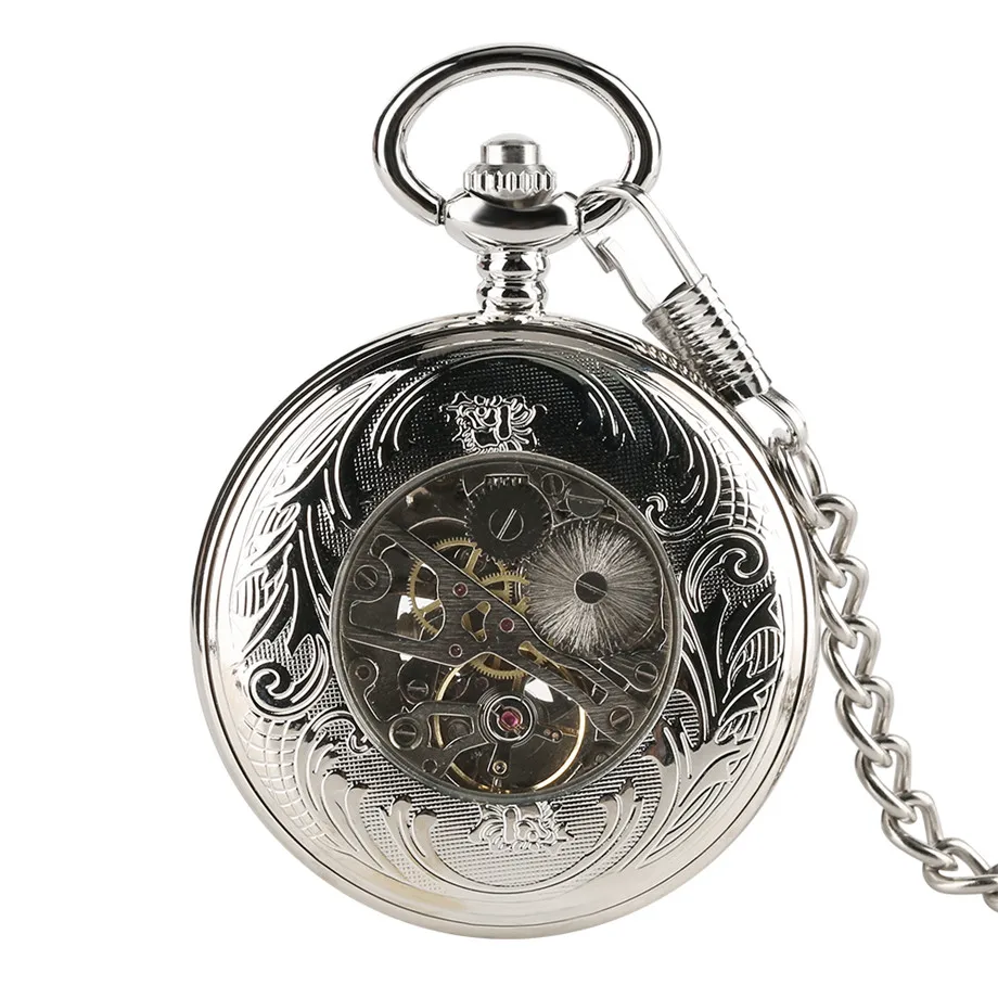 

Retro Vintage Pattern Silver Stylish Hand Wind Mechanical Pocket Watch Hollow Design Roman Number Mechanical Pocket Watches