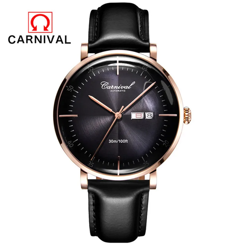 Rose gold Black Карнавальные Роскошные мужские часы, мужские водонепроницаемые автоматические механические часы, мужские Модные наручные часы с кожаным ремешком, мужские часы - Цвет: Rose gold Black