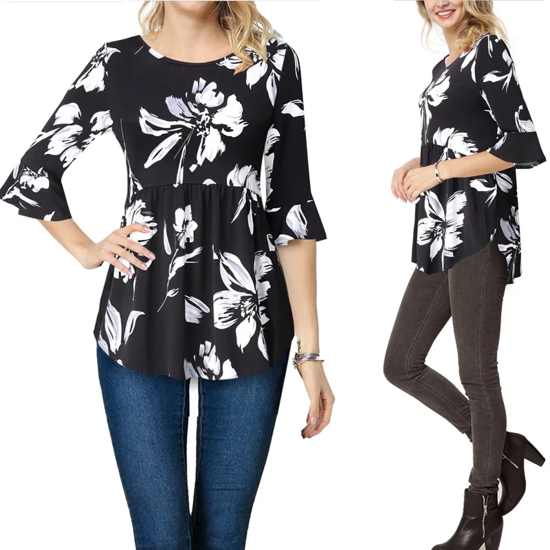 Black White Floral Vfemage Женская туника с круглым вырезом и оборками, с рукавами-колокольчиками, с цветочным узором, плиссированная, с высоким низким подолом, для работы, офиса, на каждый день, топ, блузка 741 - Цвет: Black White Floral