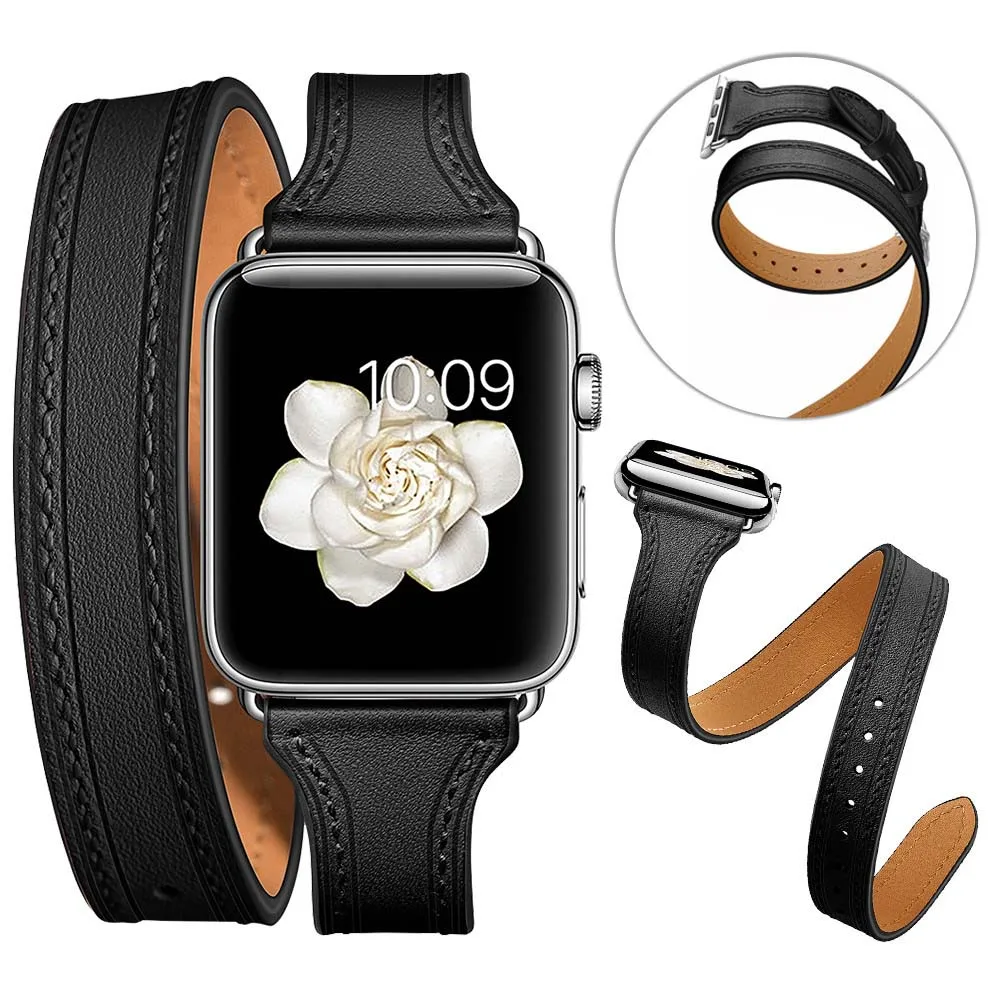 Модный двойной круг кожаный браслет для Apple Watch Band Series 5 4 40 мм 44 мм аксессуар для iWatch Series 3 ремешок 38 мм 42 мм