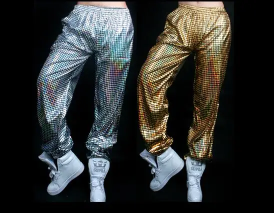 

Stage personality mens pants Hip hop street dance jazz harem pant men feet trousers singer dance star style elastic waist gold