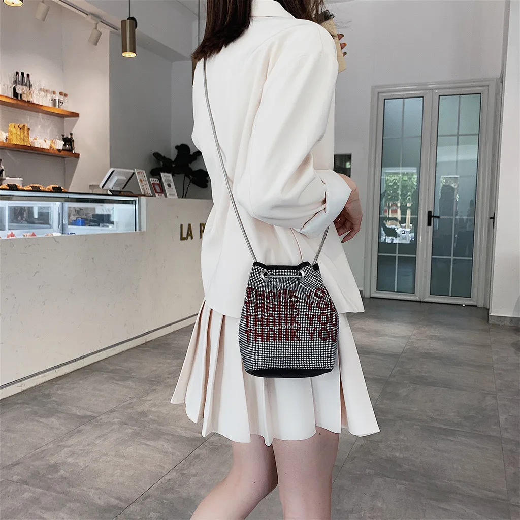 Fashion Casual Summer Women's Multicolor Bright Diamond Package Chain Letter Bucket Bag Small Square Beach Simple Bag