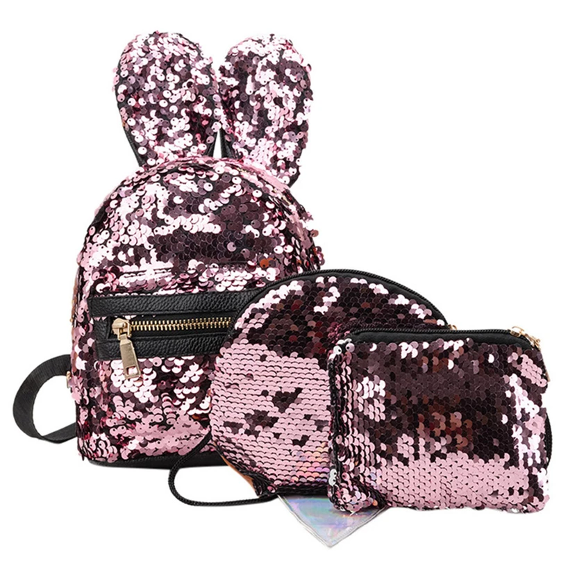 Aelicy 3 шт./компл. женские Модные блестящие Bling рюкзак с кроликом Sequins из искусственной кожи Мини Рюкзак Школьная Сумка - Цвет: PK