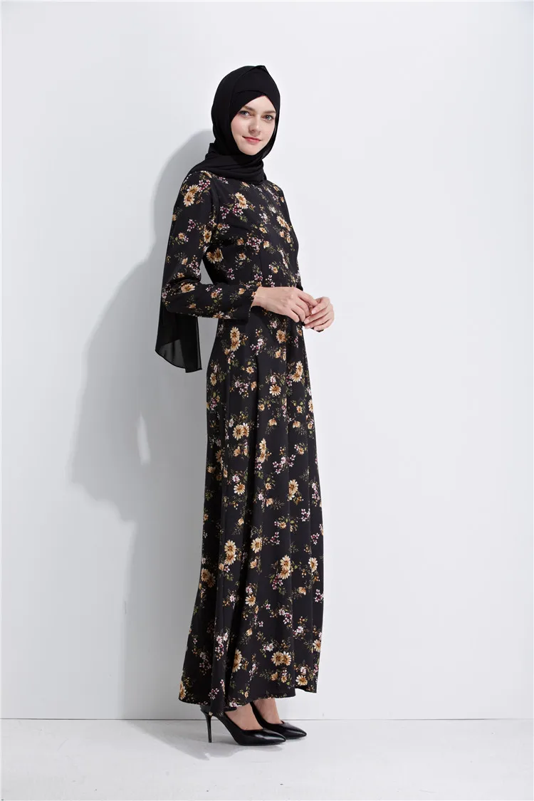 Женское мусульманское платье с цветочным принтом Abaya черное элегантное Кафтан из