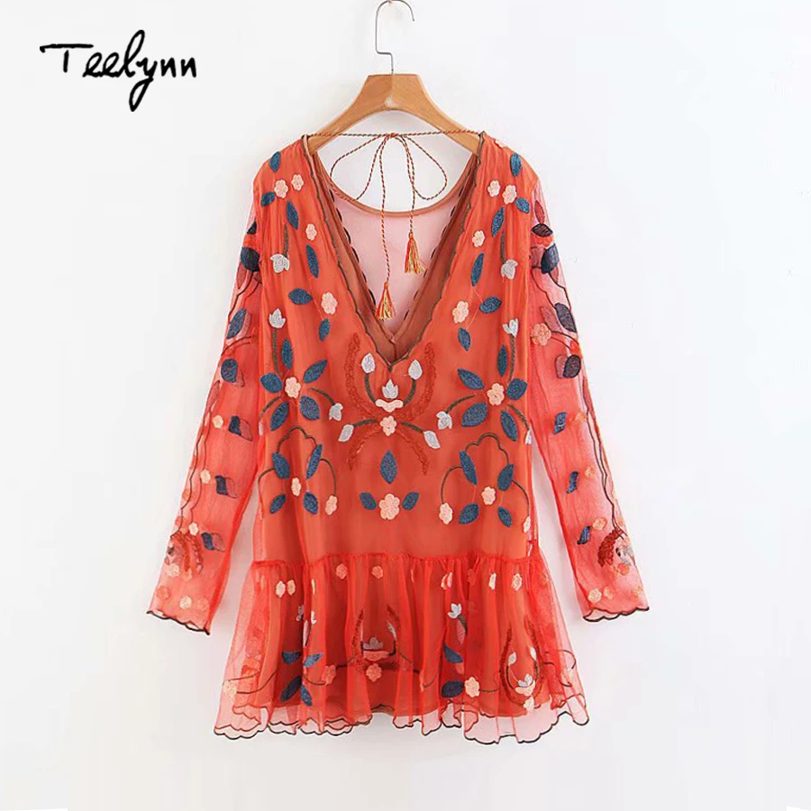TEELYNN винтажные сетчатые платья с цветочной вышивкой 2018 осеннее платье длинными