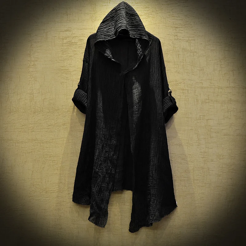 Translucent Linen cloak Thin Trench Men Gothic long coat Stranger things mysterious Dustcoat Men Cardigan Spring summer jacket