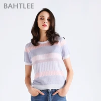 bahtlee summer women t shirt tencel knitted short sleeves ruffles o neck pullovers jumper computer knitted sweaters multicolor