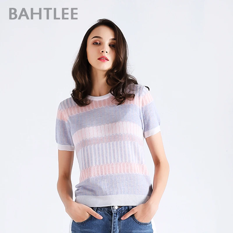 BAHTLEE Женская летняя футболка Tencel трикотажные короткие рукава оборки с круглым