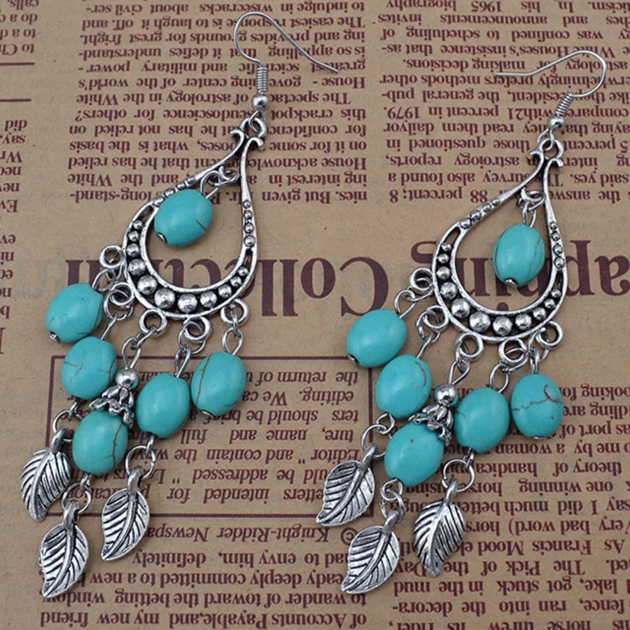 Висячие длинные серьги с листьями бирюзы для женщин аксессуары винтажные