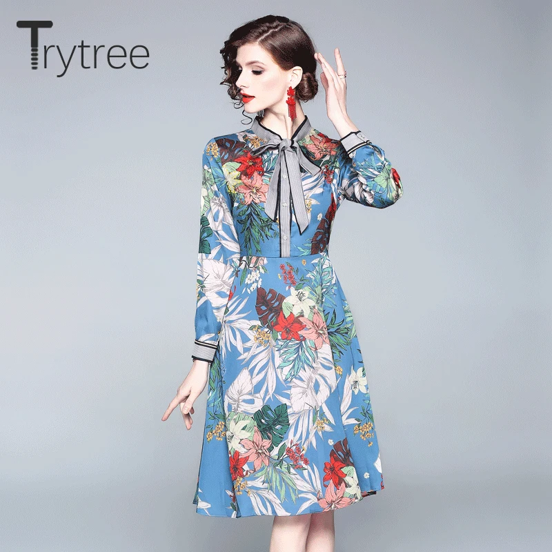 Trytree 2019 лето осень повседневное Элегантное синее платье с цветочным принтом