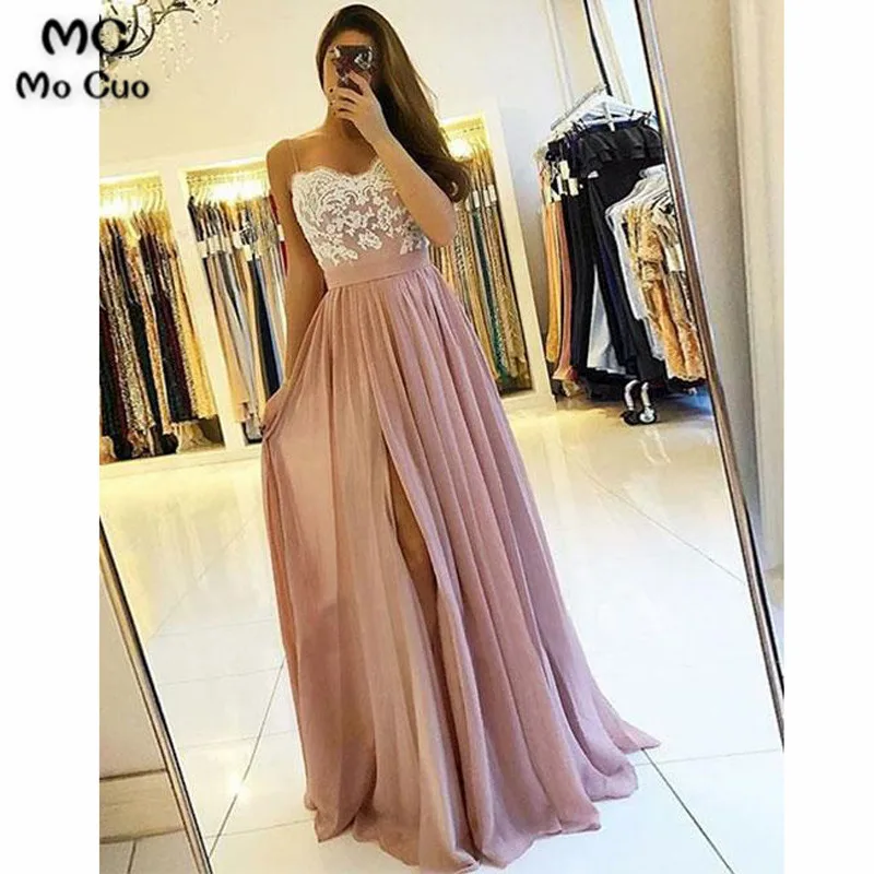 

2019 Pink Evening Dresses Long with White Appliques Sweetheart Chiffon A-Line Chiffon Straps Evening Party Dress for Women