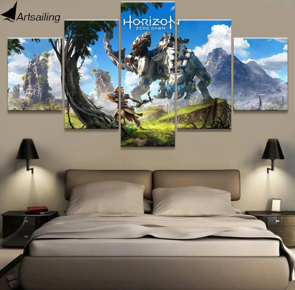 HD печать 5 шт. Холст Картина Horizon Zero Dawn игра живопись для гостиной постеры и принты