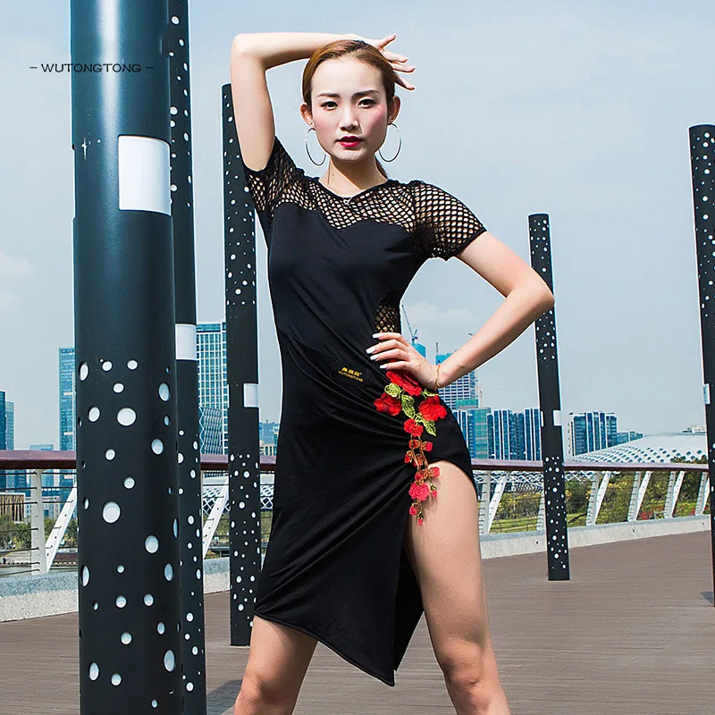 Женское платье для латинских танцев винтажное с цветочным принтом и сеткой