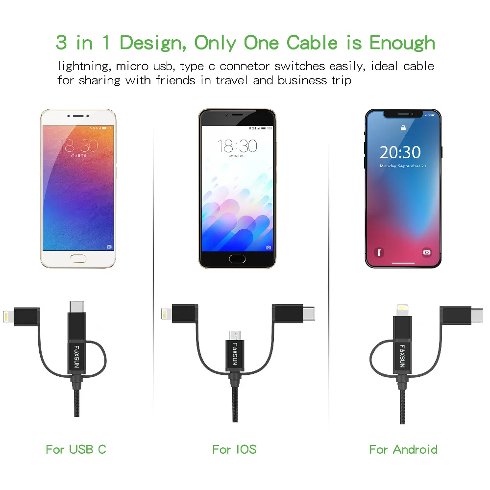 USB кабель 3 в 1 с разъемом Lightning для iPhone 8 7 Micro быстрой зарядки Type C Oneplus 5 Samsung Galaxy S8 LG