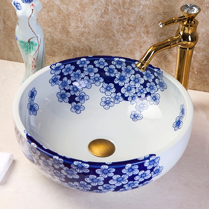 

Ceramic Blue And White Bathroom Vessel Top Basin