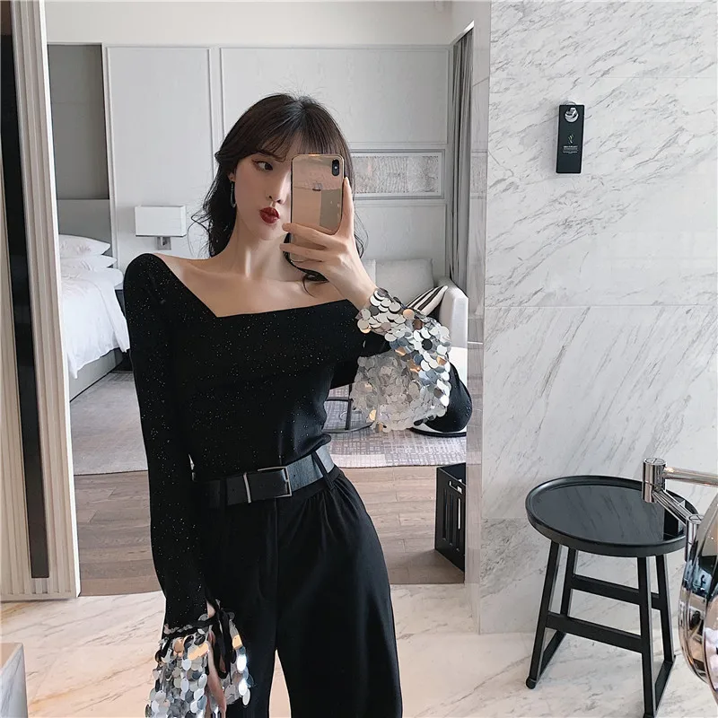 Асимметричные черные женские комплекты с открытыми плечами расшитые блестками в