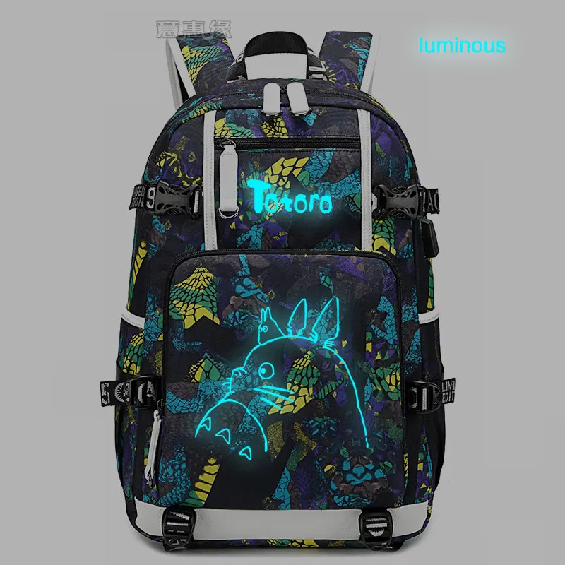 

New Totoro Backpack Laptop Bag Men Anime Travel Bags Hayao Miyazaki Luminous USB Oxford Backpack Schoolbag