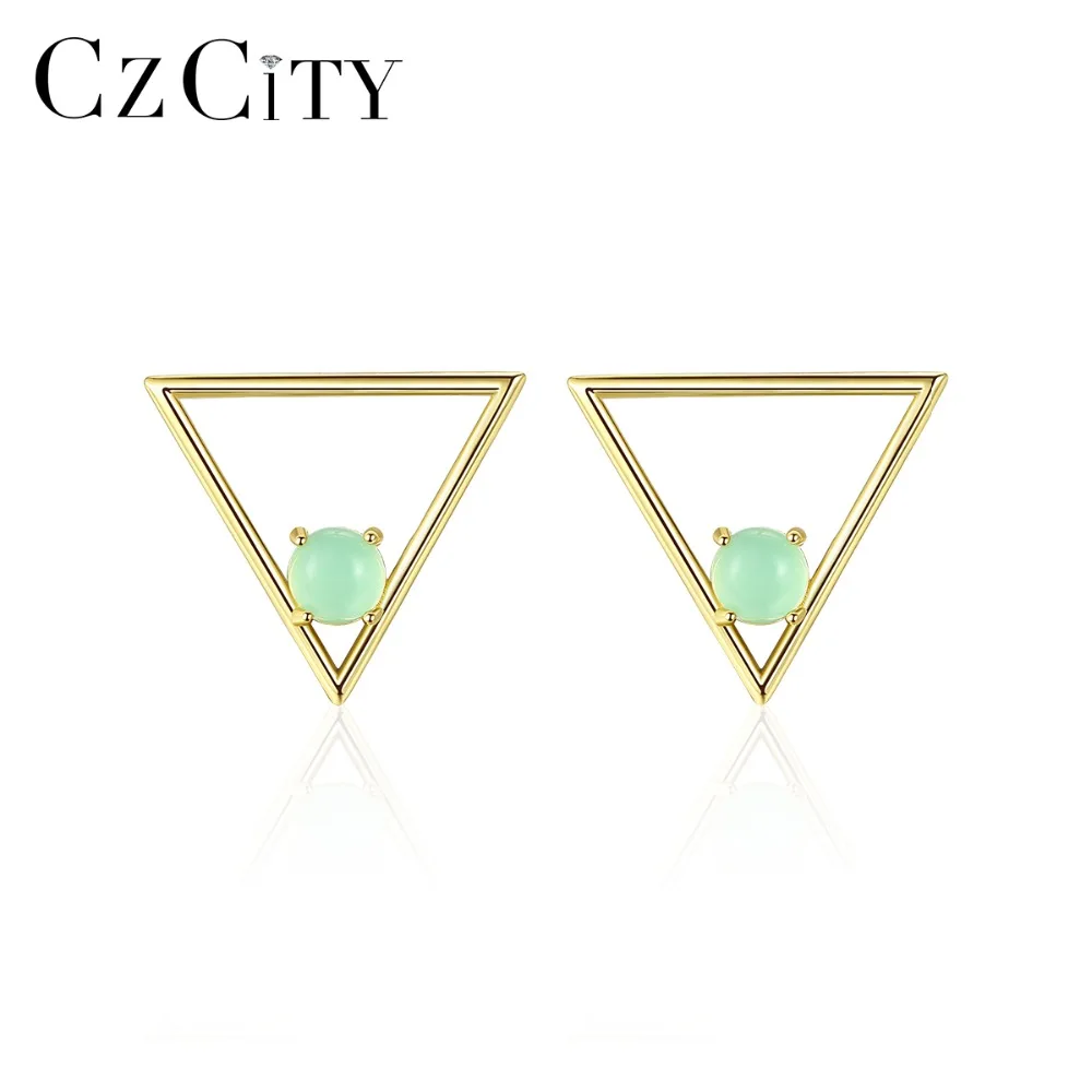 

CZCITY Triangle Design 925 Sterling Silver Halo Crystal Stud Earrings for Women Brightly Gemstone Post Earrings Fine Jewelry New