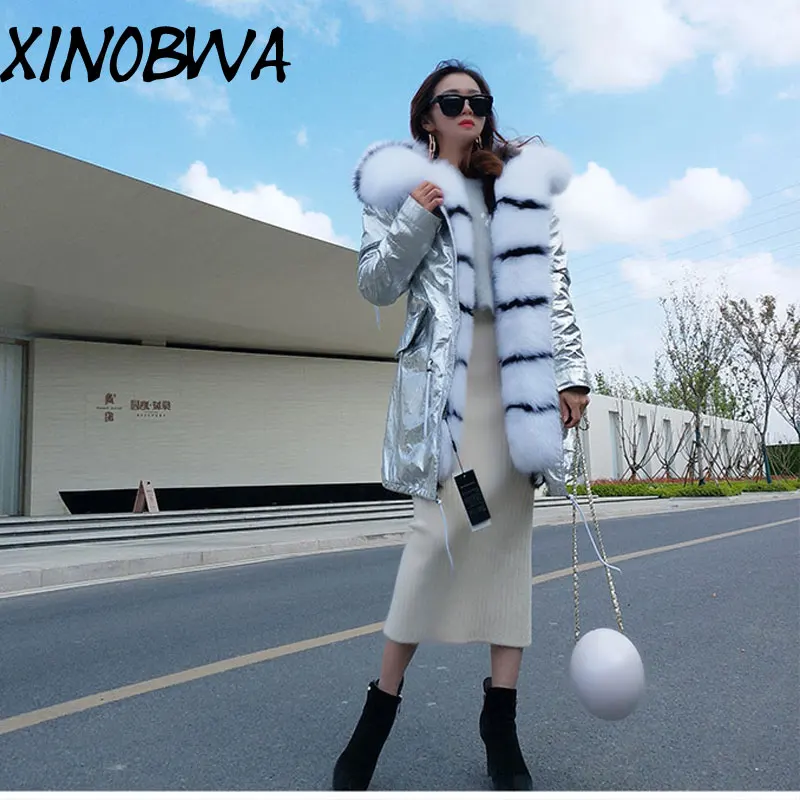 Deri Ceket Women Winter Large Natural Real Fox Fur Cuff& Liner Thick Warm Silver Jacket Coast Female Waterproof Loose Parkas