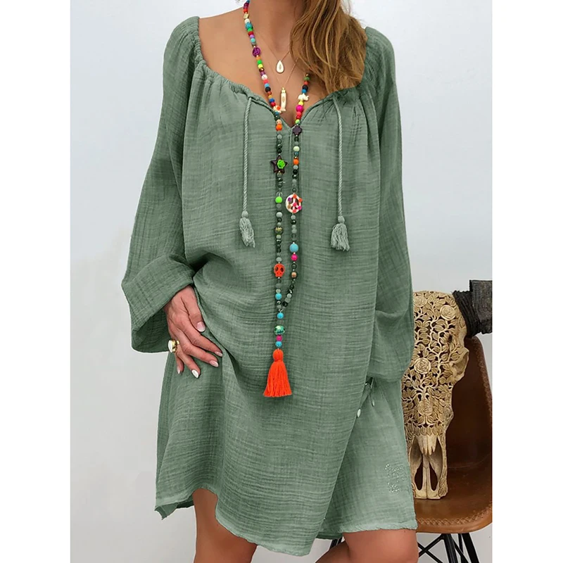 

Casual loose tassels summer dress 2019 Long sleeve straight short beach dresses Solid color women dress vestidos de verano