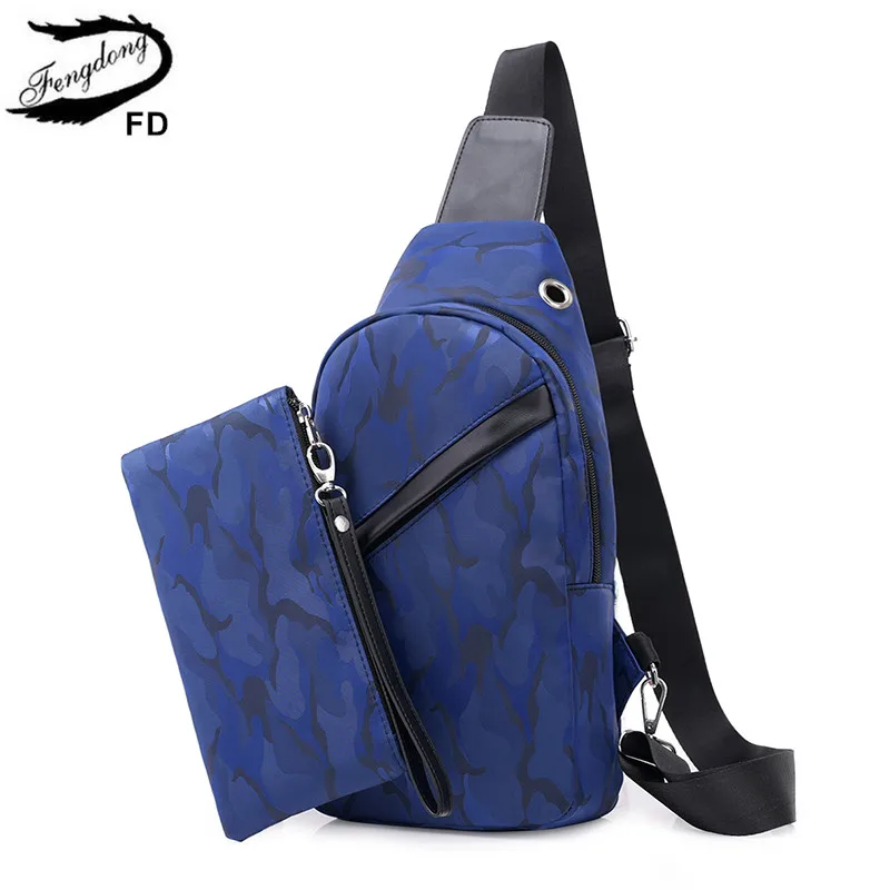Blue Camouflage Школьный рюкзак FengDong 2 шт./компл. одного плеча слинга Грудь мешок usb зарядка сумка-мессенджер для мужчин, мужской клатч, водонепроницаемый, рюкзак для путешествий, сумка через плечо - Цвет: Blue Camouflage