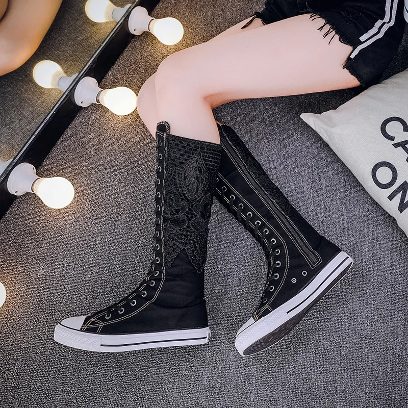 Модная женская парусиновая обувь с высоким берцем дышащие Сапоги до колена