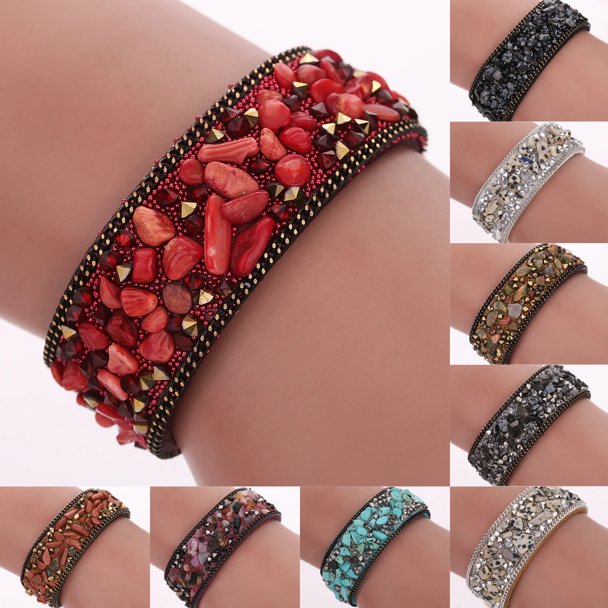 Pulseras mujer moda Модный женский кожаный браслет с камнями Браслеты Женские ювелирные аксессуары дешевая цена
