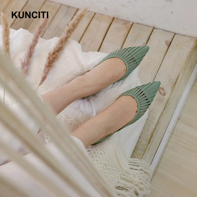 KUNCITI/; босоножки на низком каблуке из натуральной кожи; женская пикантная обувь заостренная на каблуке; женские повседневные босоножки в европейском стиле; X957