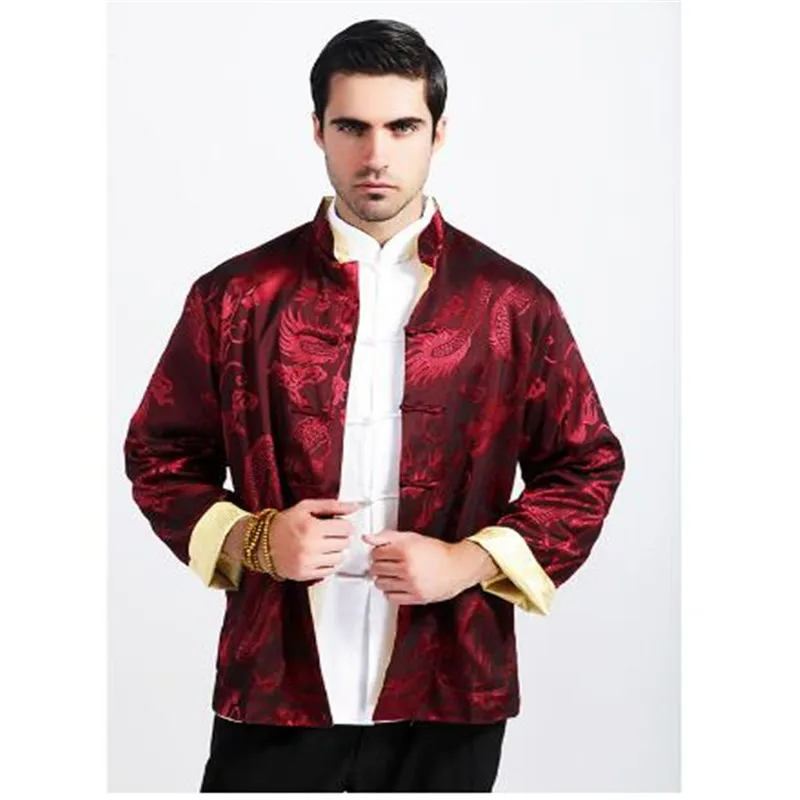 Бордовый золотой китайский Для мужчин Реверсивный пальто шелковый атлас куртка
