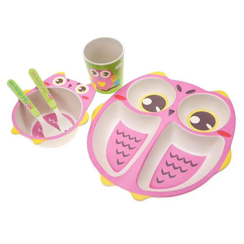 Pink Owl 5 шт./компл. мультфильм детские набор посуды из бамбукового волокна; Лев чаша таблички для детей ясельного возраста, комплекты детская посуда столовые принадлежности Комплектная посуда Лидер продаж - Цвет: Pink Owl