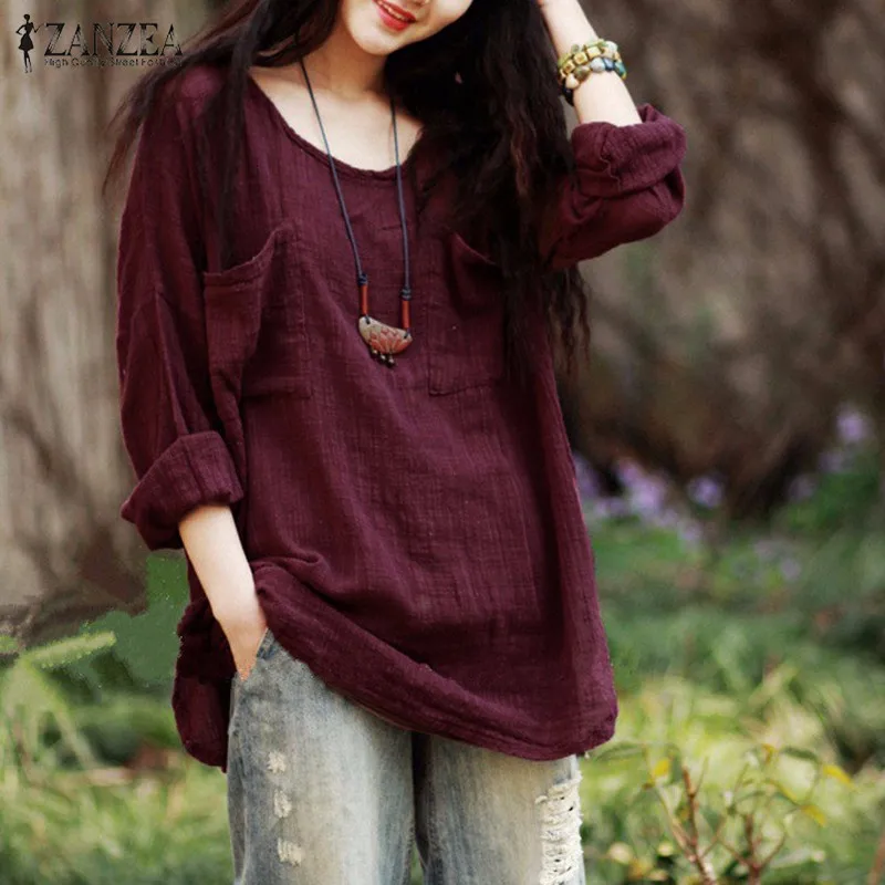 ZANZEA Винтаж Blusas Fenmininas 2021 Осенняя блузка для женщин Повседневная Свободная рубашка
