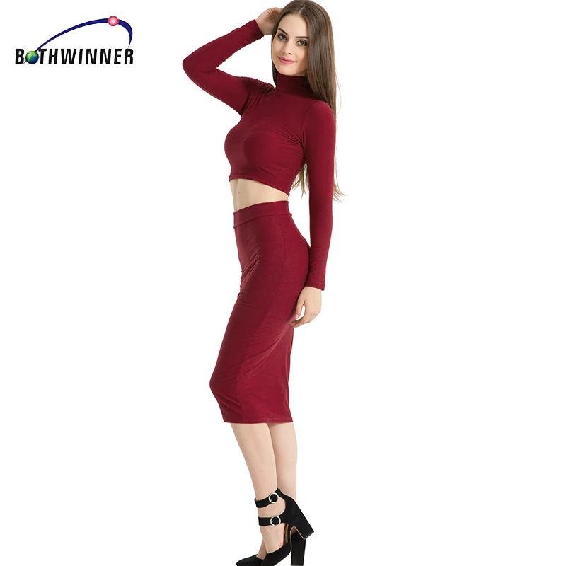 Bothwinner 2 Pieces Bandage Elegant Two Piece Outfits Set Dresses Women Pencil Winter Long Sleeve Midi Clothes | Женская одежда