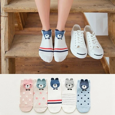 19 5pairs Women Cute Socks Harajuku Cartoon Cat Pattern Casual Cotton Happy Funny Female Ankle Socks Thin Summer Low Cut Style - Цвет: 19