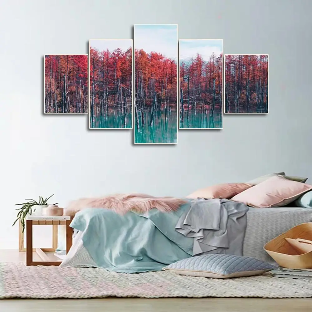 Laeacco Canvas Calligraphy Painting 5 Panel Forest Wall Art Posters and Prints Living Room Decor Picture Nordic Home Decoration | Дом и сад
