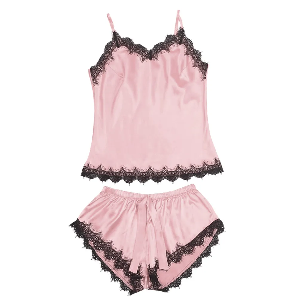 Pink Женские атласные пижамы с бантом, пижамы без рукавов на бретельках, одежда для сна с кружевной отделкой, Атласный топ на бретельках, пижамные комплекты, модные женские Пижамы, новинка - Цвет: Pink
