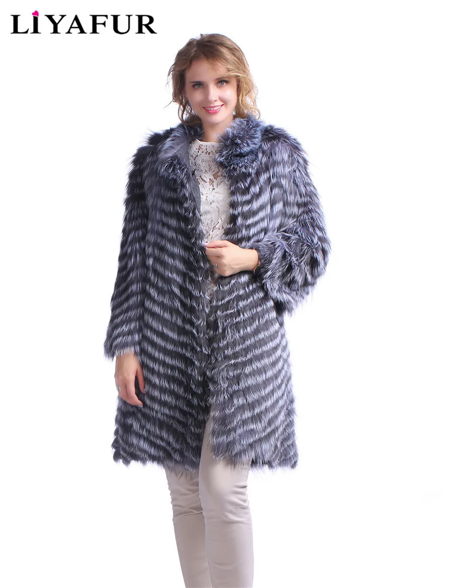

Liyafur v-образный натуральная Silver Fox Мех Пальто Верхняя куртка кардиган подкладка зимние полосатые пальто с воротником-стойкой