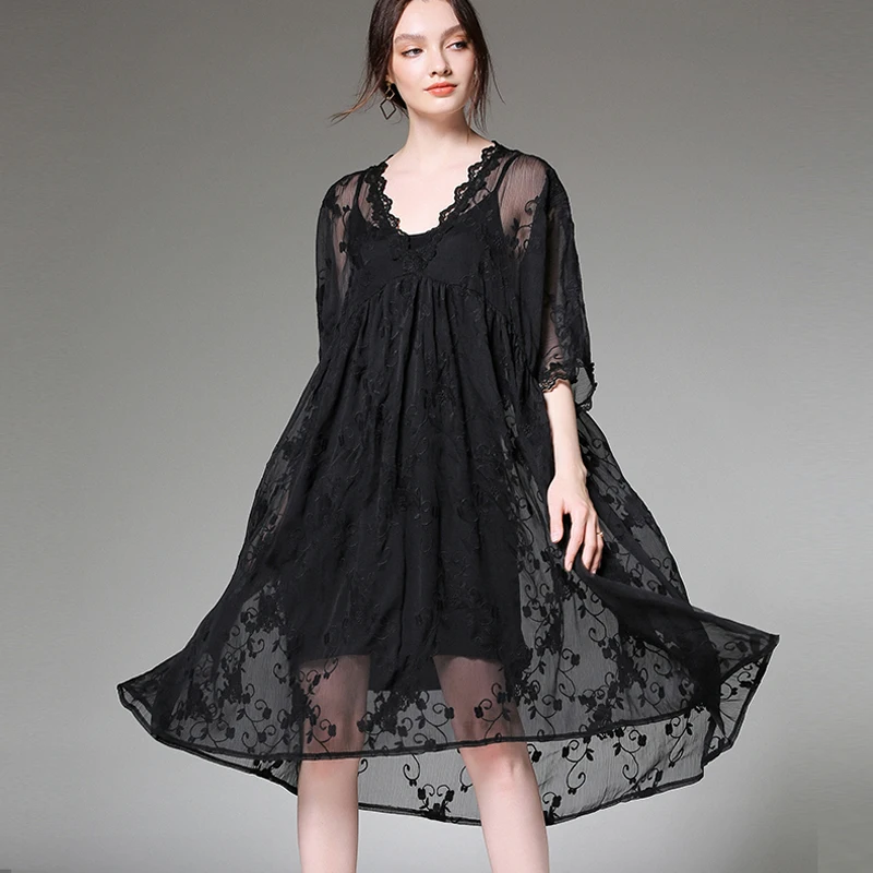 Кружевное платье с v-образным вырезом большие размеры свободная Цветочная