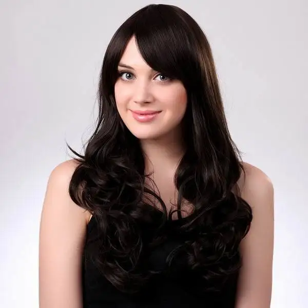 68 см 2014 новый женский леди секс темно коричневый Glueless косой челкой длинные