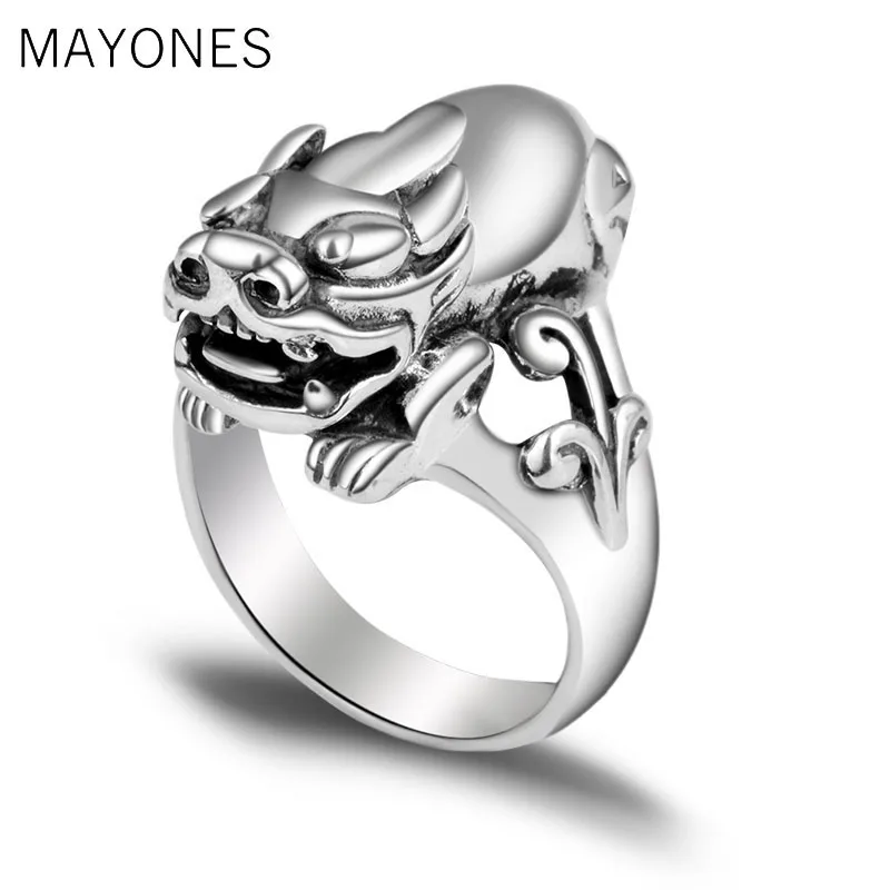 

MAYONES Real 925 Silver Vintage Ring Men Lucky Symbol Animal Brave Troops Punk Style Mens Rings Biker Sterling Silver Jewelry