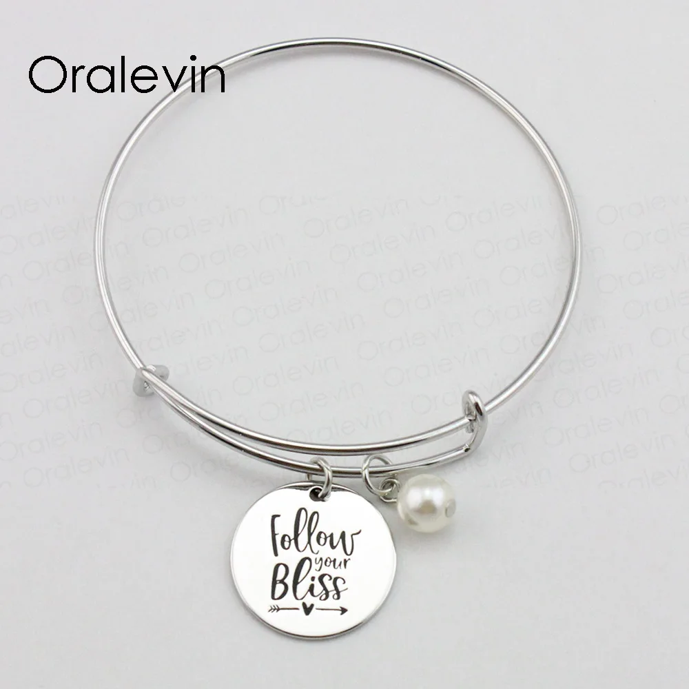 FOLLOW YOUR BLISS Inspirational Hand Stamped Engraved Pendant Expandable Wire Bangle Charm Bracelet Jewelry 10Pcs/Lot #LN2100B | Украшения