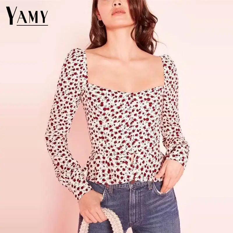 Лето boho Сексуальная Открытая спина квадратный воротник цветочный шифон Блузка